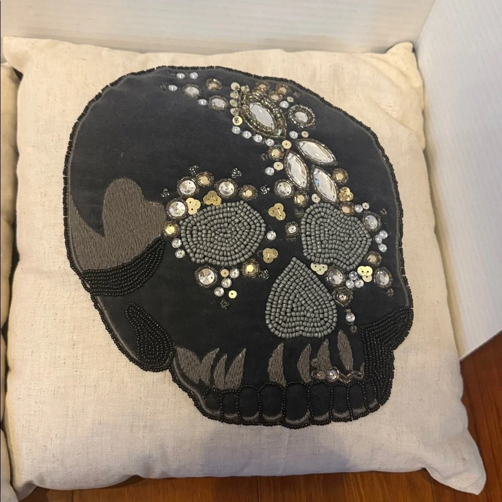 Pair of Pier 1 One Skull Embellished bedazzled goth Throw Pillows 14x14”